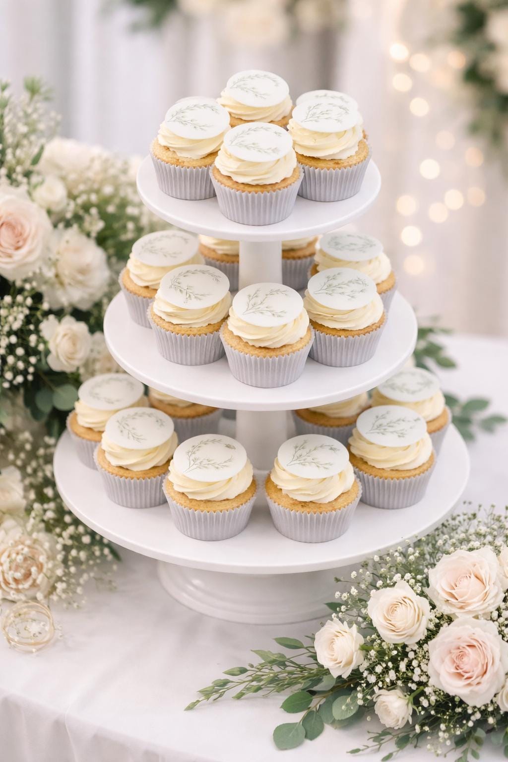 Sage Green Botanical Cupcake Toppers, Edible Wafer Paper, Minimal Leaf Wreath & Butterfly Designs