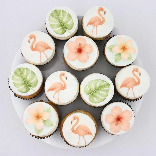 Flamingo & Tropical Flower Cupcake Toppers (12)