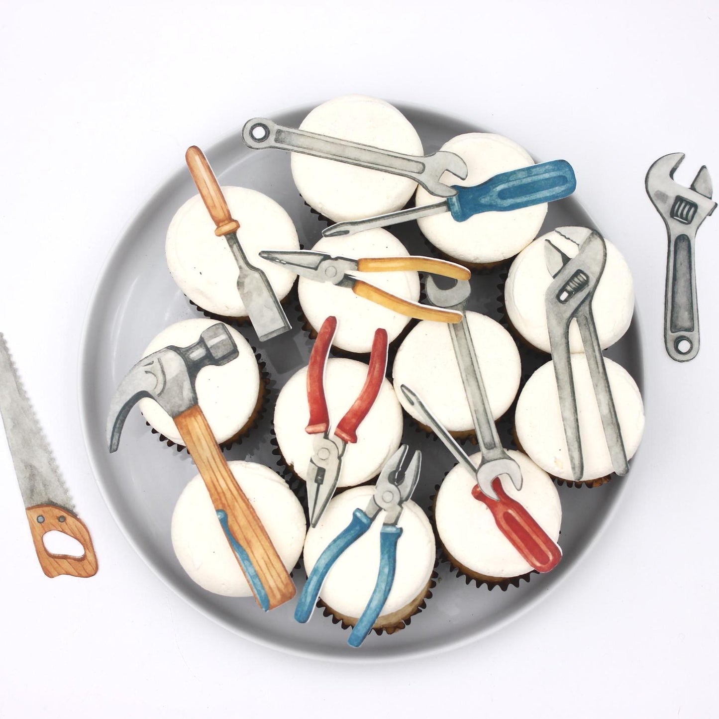 Tools Cupcake Toppers: 12 Edible Watercolor Hammer & Saw Designs
