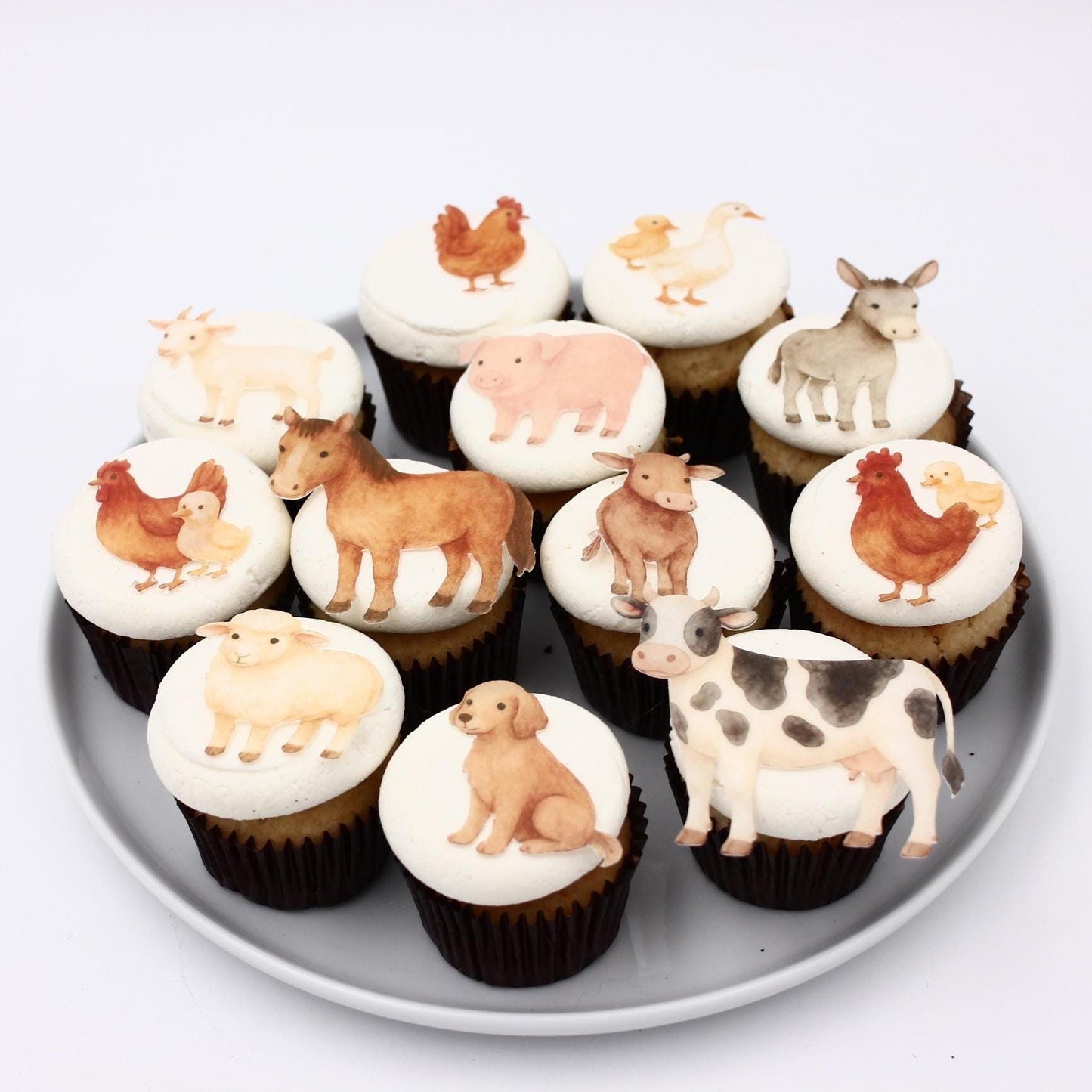 Watercolor Farm Animal Cake Toppers (20pc) Set - Edible Pre-Cut Decorations