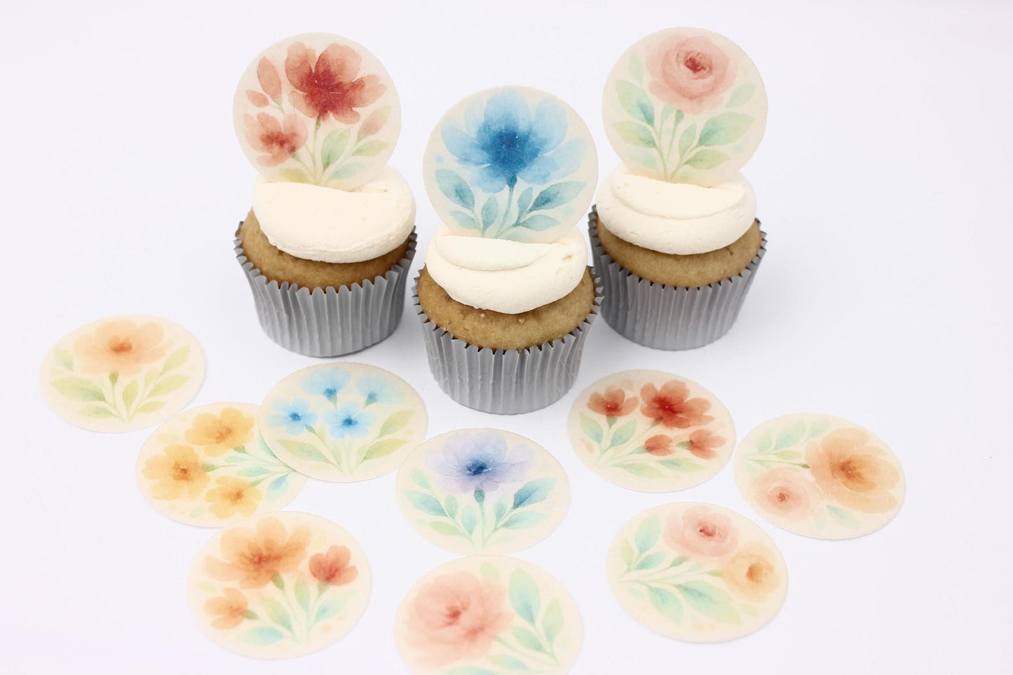 Watercolor Flowers (10pc) Topper Set- Pre-Cut Edible Cupcake/ Cookie/Drink Toppers, Edible Wafer Paper