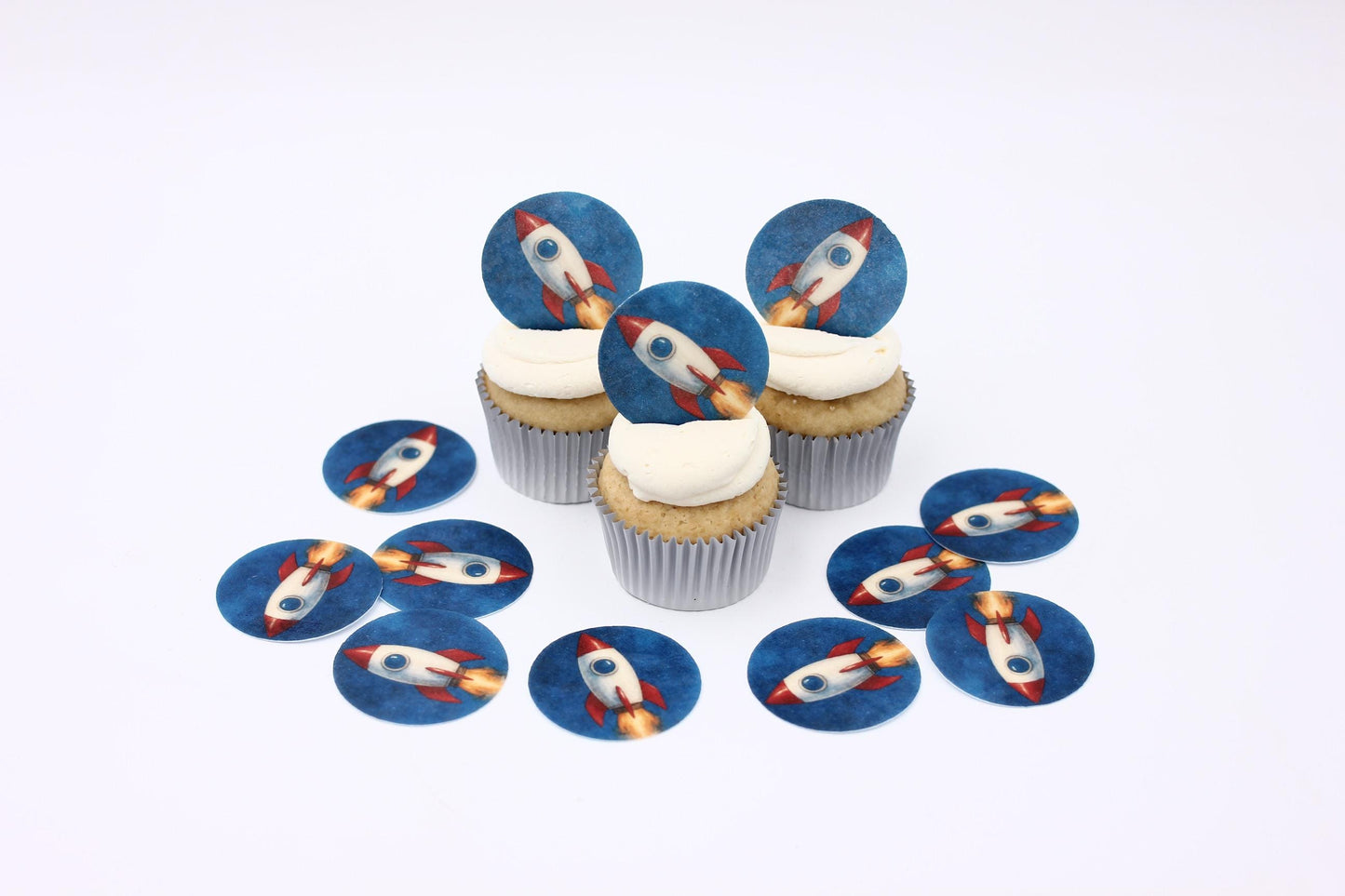 Rocket Ship (12pc) Topper Set- Edible Cupcake/ Cookie/Drink Toppers, Edible Wafer Paper