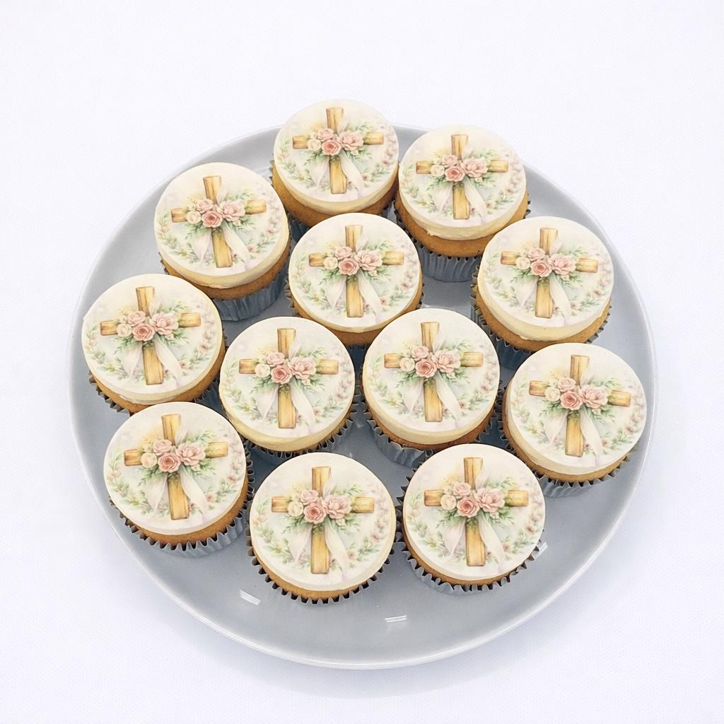 Floral Cross Edible Cupcake, Cookie, Drink, Toppers, Edible Wafer Paper (10pc) Topper Set