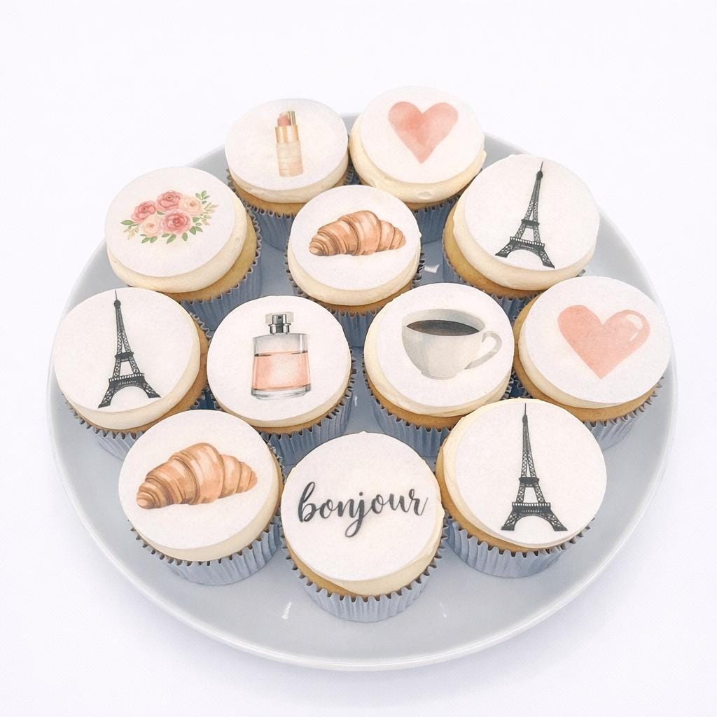 Paris Theme (10pc) Topper Set- Edible Cupcake Toppers, French Party Toppers, Edible Wafer Paper Pre-Cut