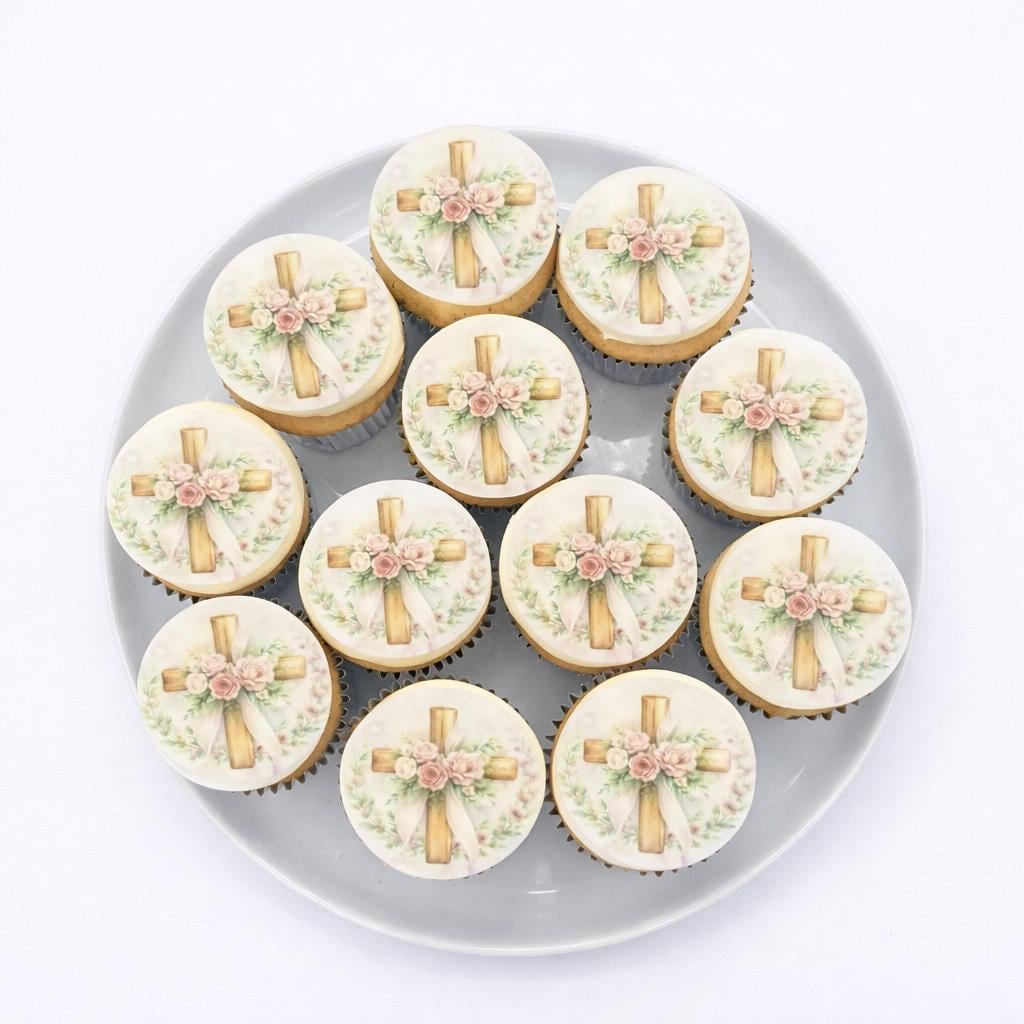 Floral Cross Edible Cupcake, Cookie, Drink, Toppers, Edible Wafer Paper (10pc) Topper Set