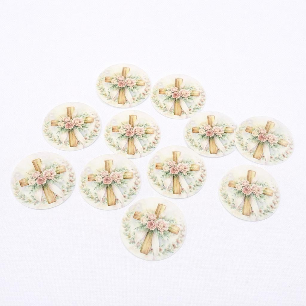 Floral Cross Edible Cupcake, Cookie, Drink, Toppers, Edible Wafer Paper (10pc) Topper Set
