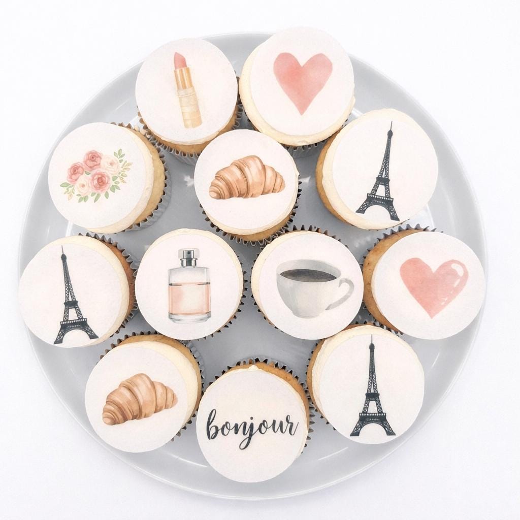 Paris Theme (10pc) Topper Set- Edible Cupcake Toppers, French Party Toppers, Edible Wafer Paper Pre-Cut