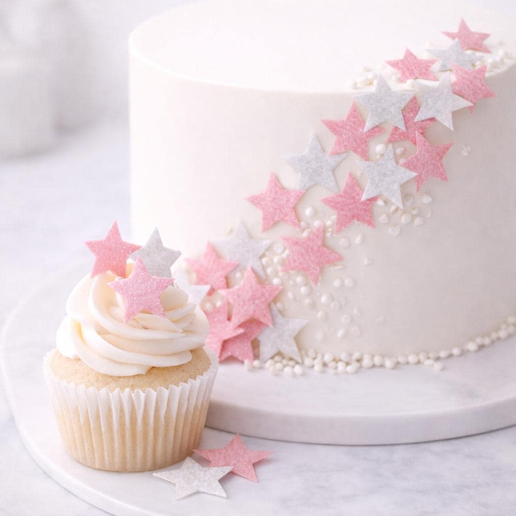 Pink and Silver Stars (50) Edible Cupcake/ Cookie/Drink Toppers, Edible Wafer Paper