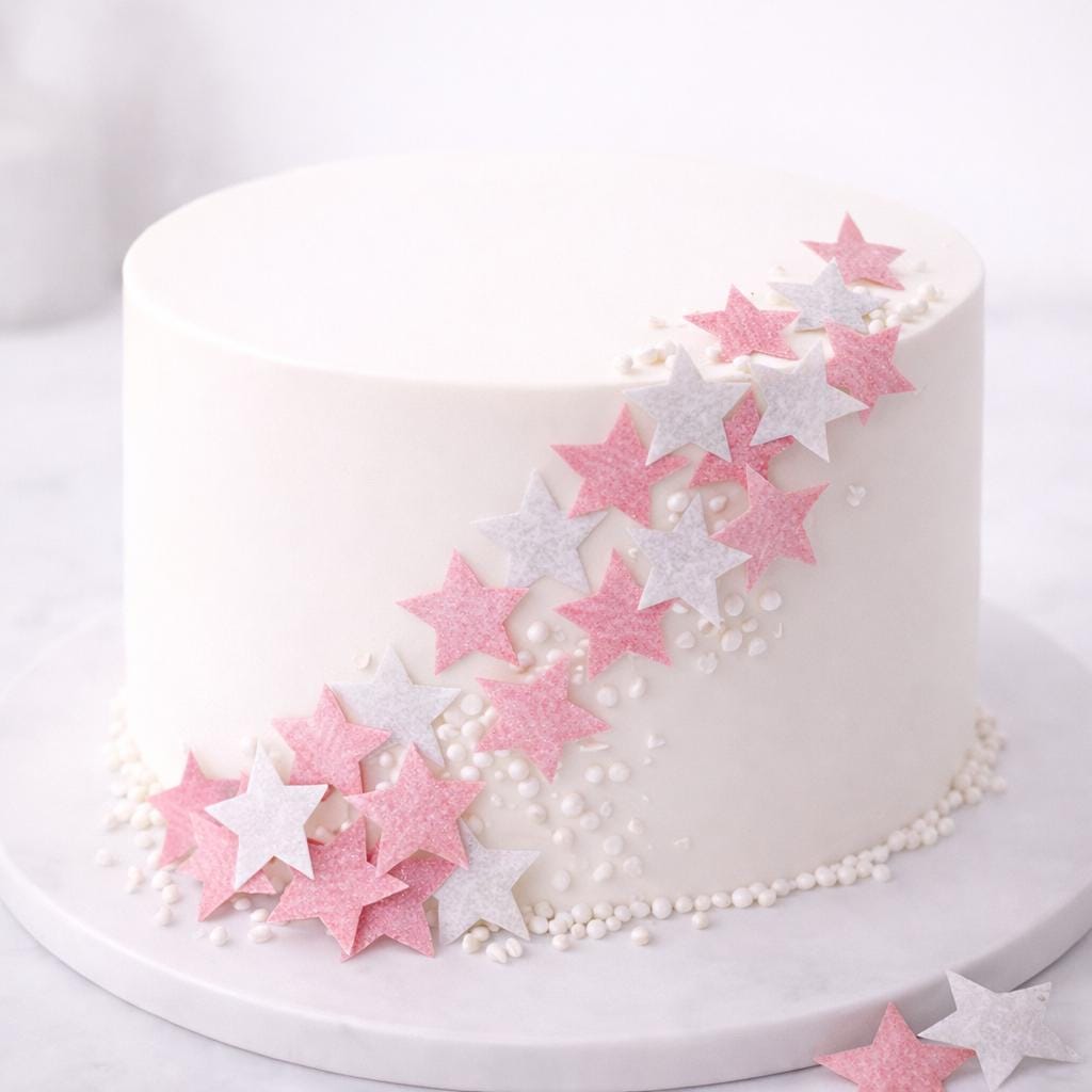Pink and Silver Stars (50) Edible Cupcake/ Cookie/Drink Toppers, Edible Wafer Paper