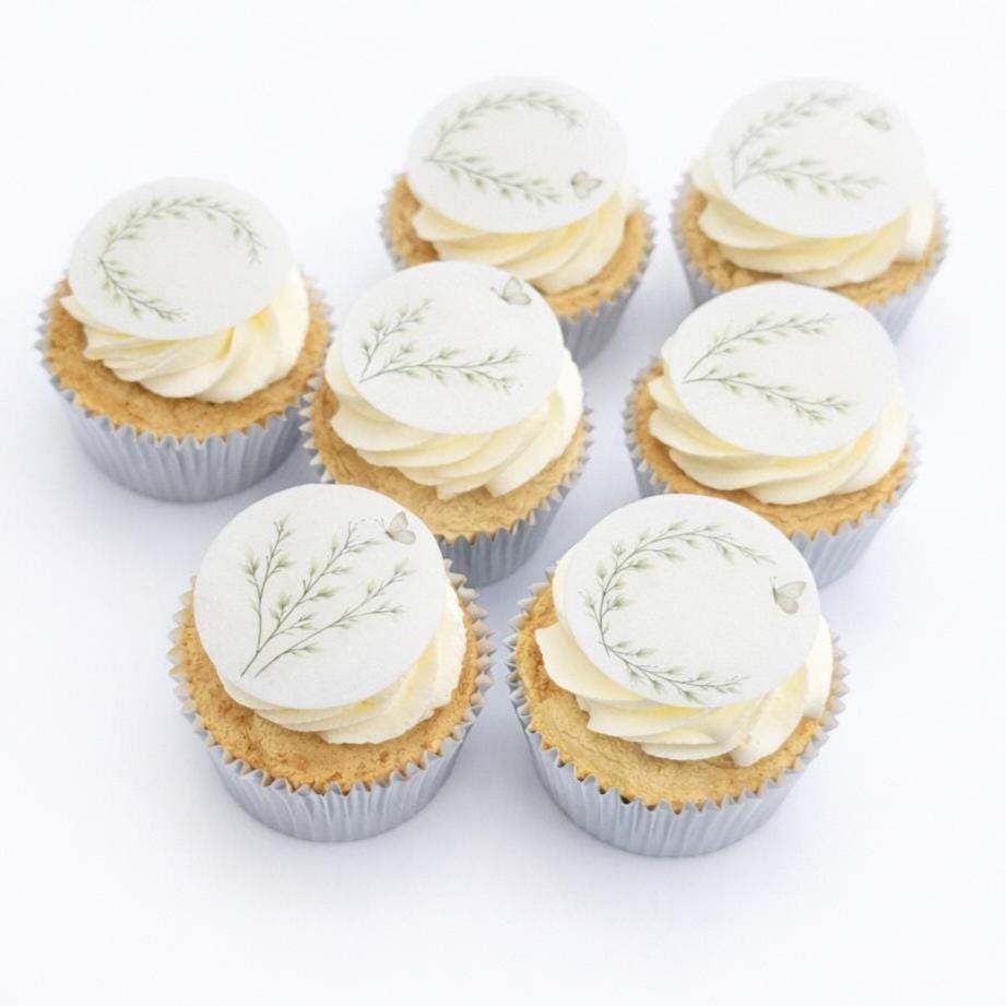 Sage Green Botanical Cupcake Toppers, Edible Wafer Paper, Minimal Leaf Wreath & Butterfly Designs