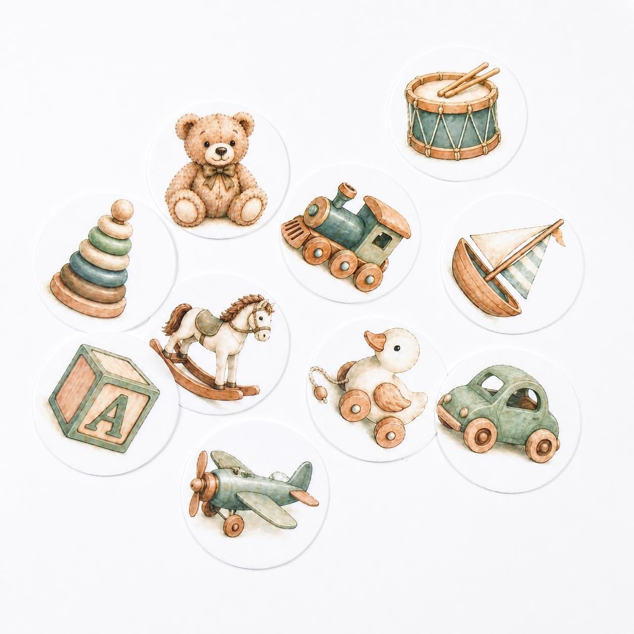 Vintage Baby Toys Edible Cupcake/ Cookie/Drink Toppers, Neutral Baby Shower Theme, Edible Wafer Paper (12pc)