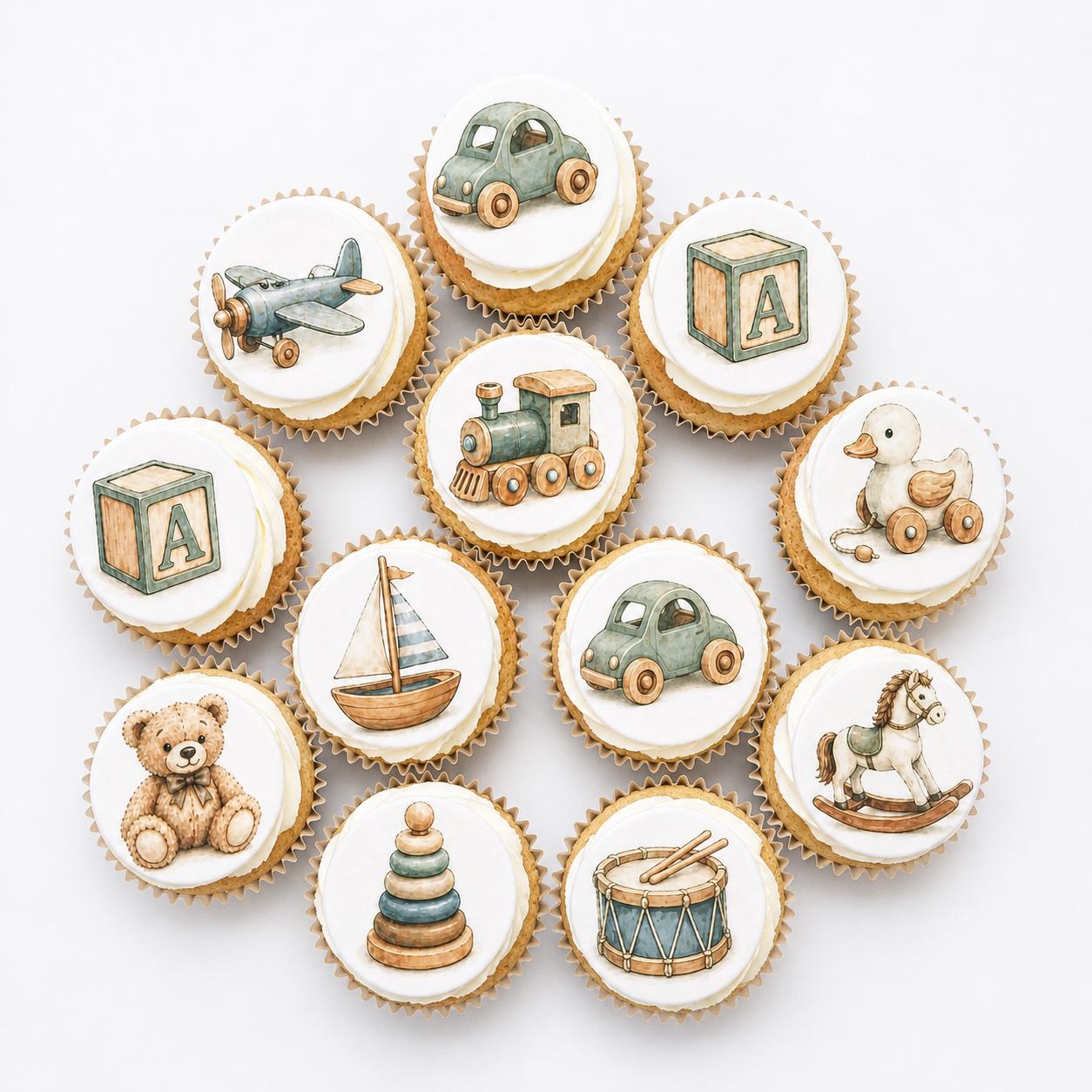 Vintage Baby Toys Edible Cupcake/ Cookie/Drink Toppers, Neutral Baby Shower Theme, Edible Wafer Paper (12pc)