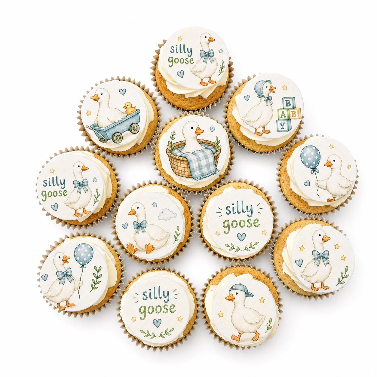 Silly Goose Baby (12pc) Shower Edible Cupcake/ Cookie/Drink Toppers, It’s a Boy Goose Theme, Edible Wafer Paper
