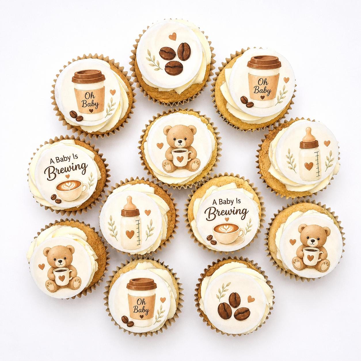 Baby is Brewing (12pc) Edible Cupcake/ Cookie/Drink Toppers, Coffee Theme Baby Shower, Edible Wafer Paper