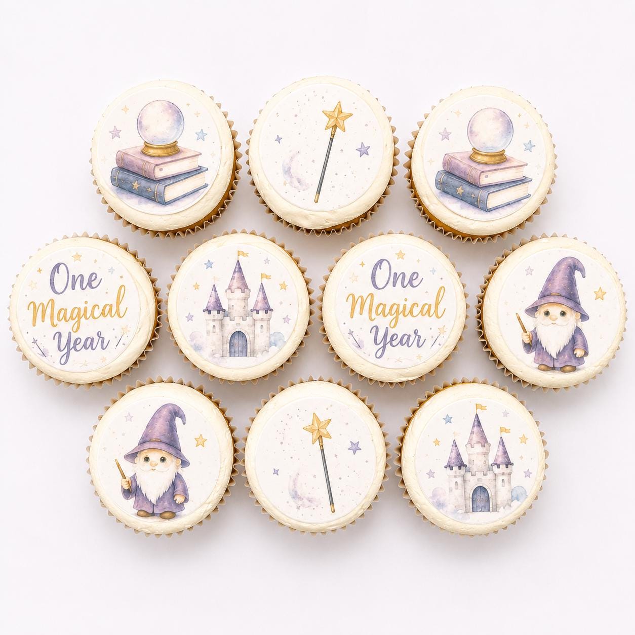 One Magical Year (10 pc) Edible Cupcake/ Cookie/Drink Toppers, Wizard Birthday Wafer Paper