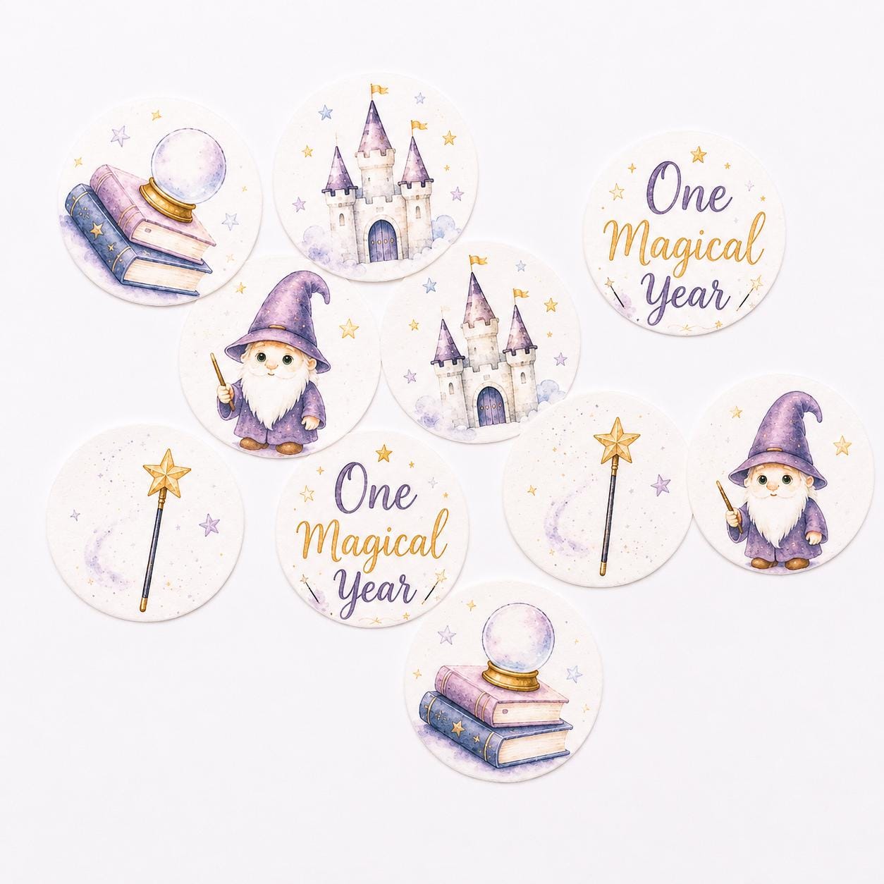 One Magical Year (10 pc) Edible Cupcake/ Cookie/Drink Toppers, Wizard Birthday Wafer Paper