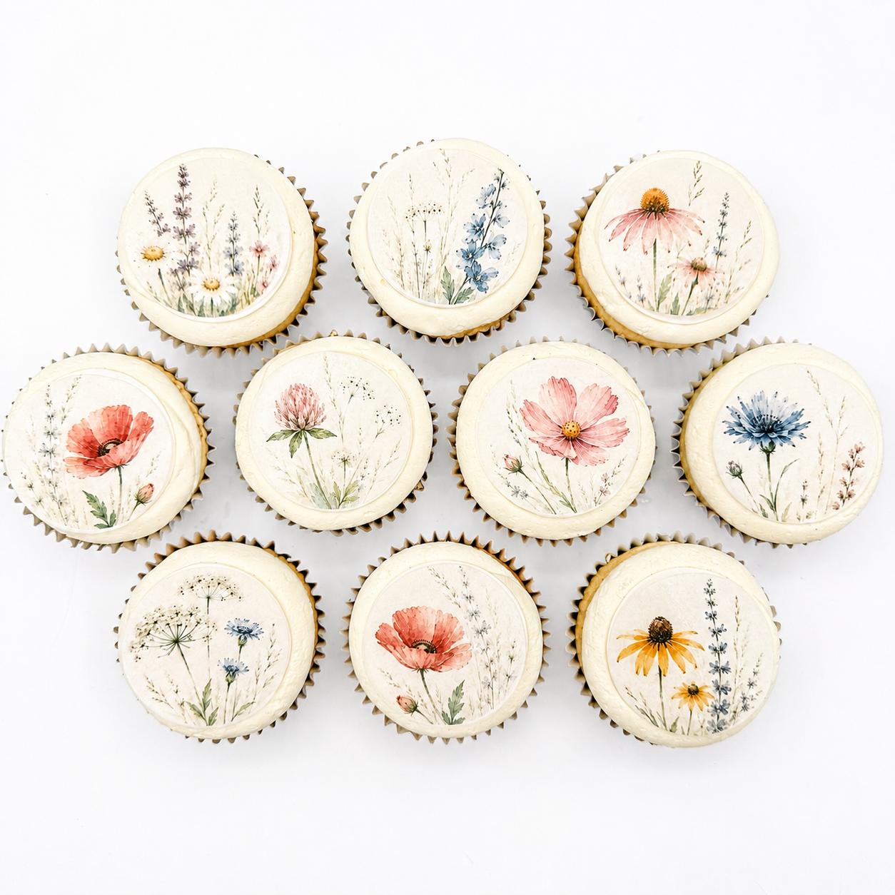 Wildflower Floral Cupcake Toppers, Edible Flower Birthday Decorations