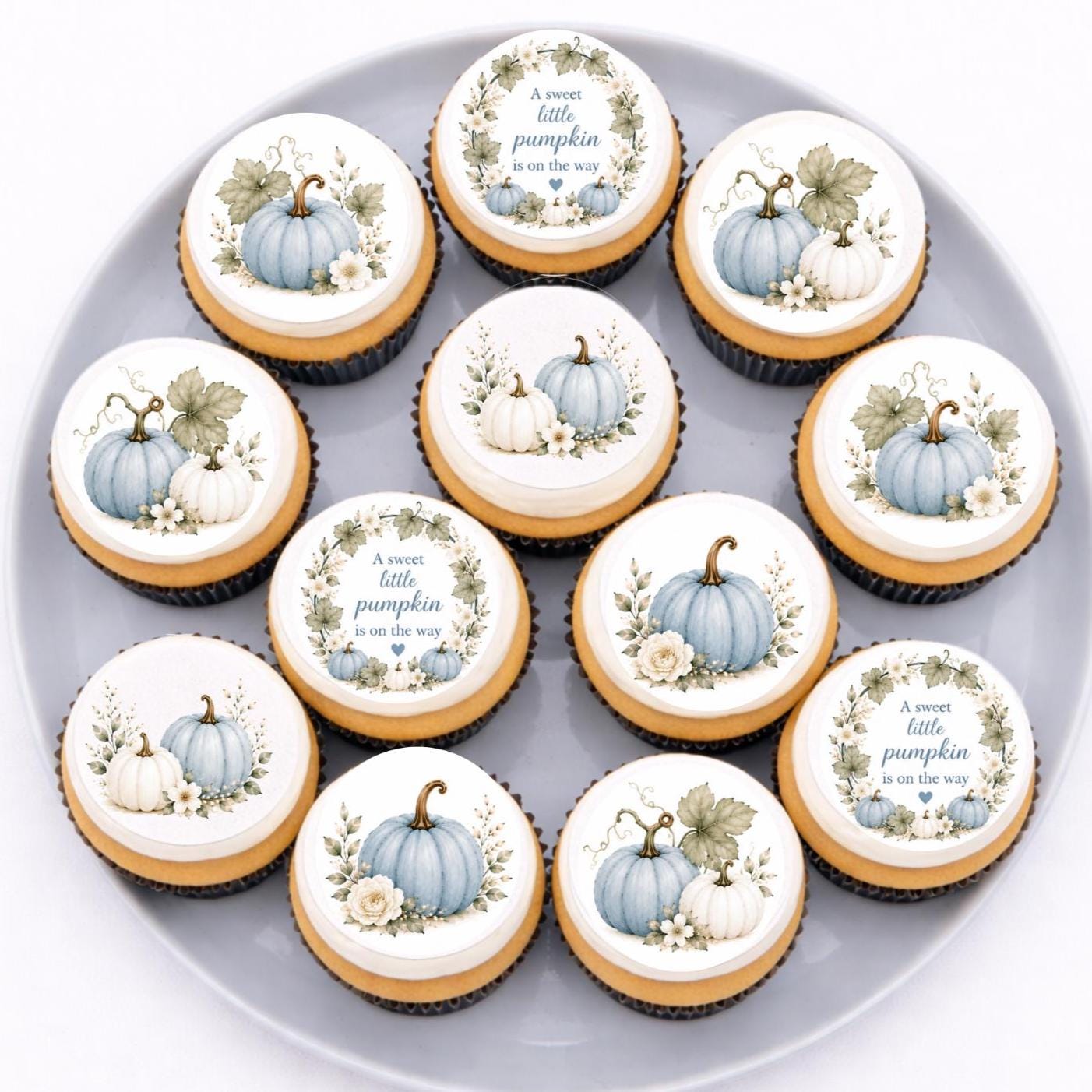Blue Pumpkin Baby Shower Edible Cupcake Toppers | Sweet Little Pumpkin Is On The Way | Watercolor Blue Pumpkin Baby Boy Cupcake Decorations