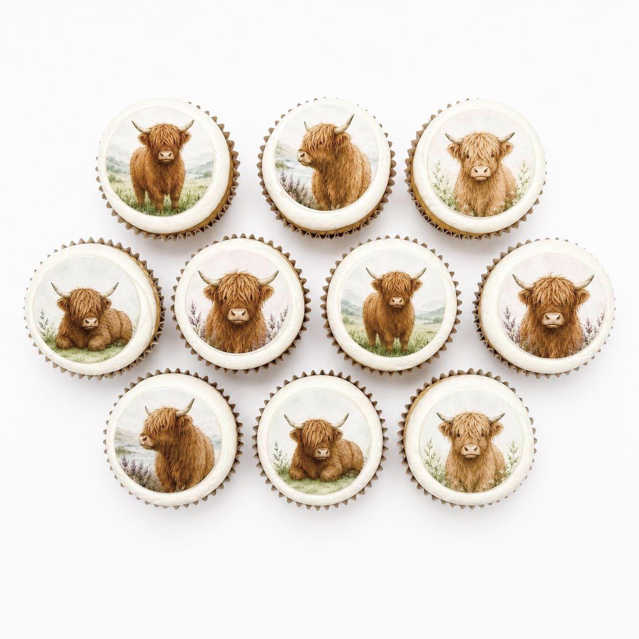 Highland Cow Edible Cupcake/ Cookie/Drink Toppers, Edible Wafer Paper (12 pc)