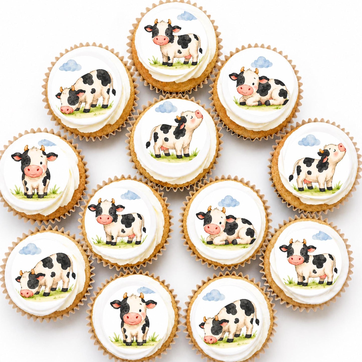 Cow Edible Cupcake Toppers, Farm Animal Cupcake Toppers, Watercolor Cow Wafer Paper Toppers, Barnyard Birthday Cake Decorations