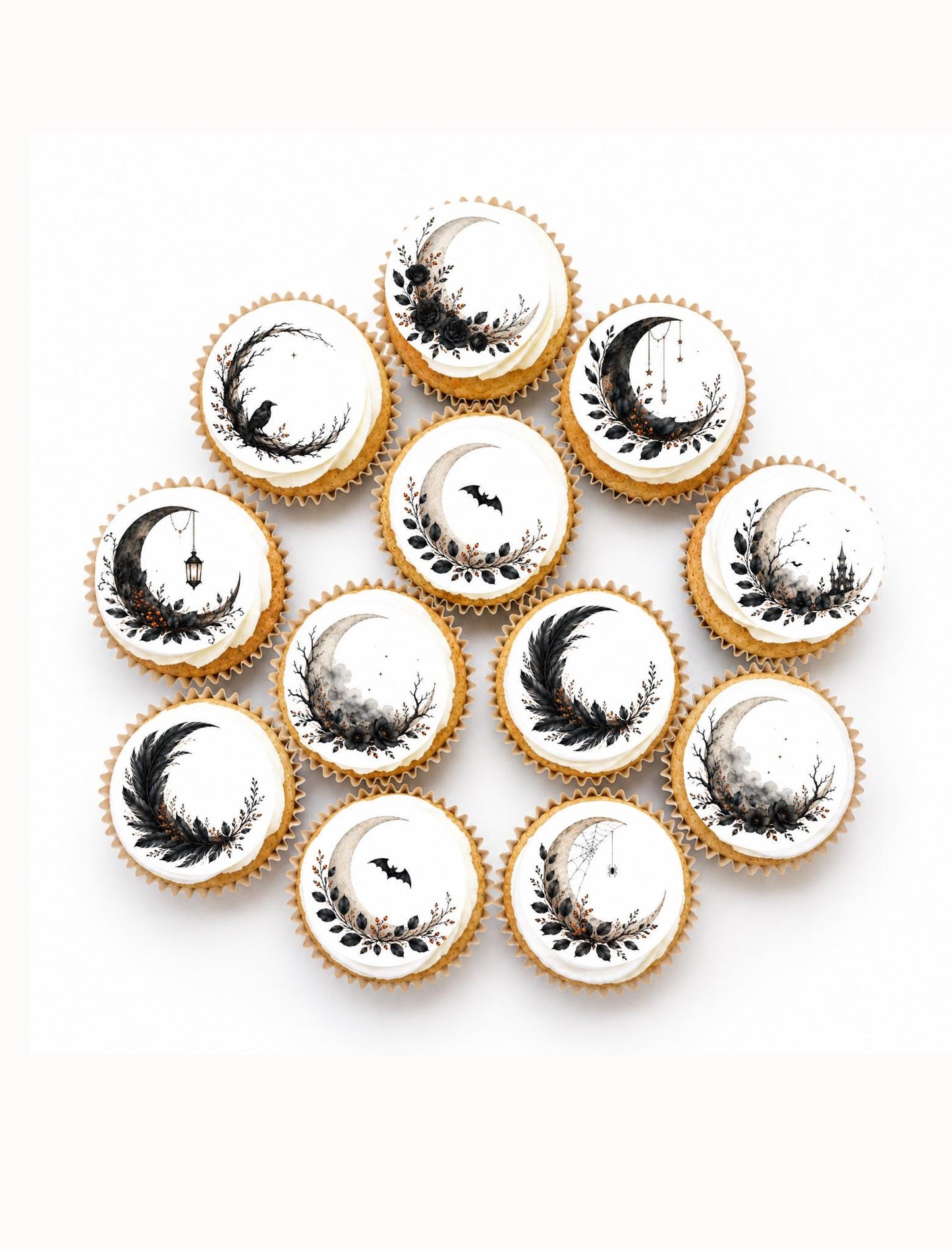 Gothic Moon Edible Cupcake Toppers, Black Crescent Moon Halloween Cupcake Decorations, Elegant Gothic Wafer Paper Edible Toppers