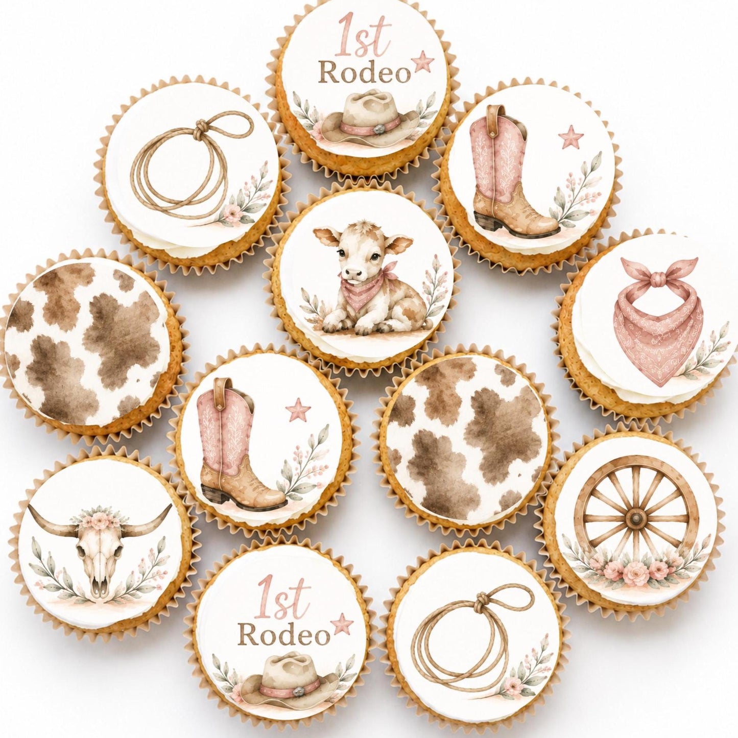 1st Rodeo Girl Edible Cupcake Toppers, Pink Western Baby Shower Cupcake Decorations, Cowgirl Birthday Edible Cake Toppers