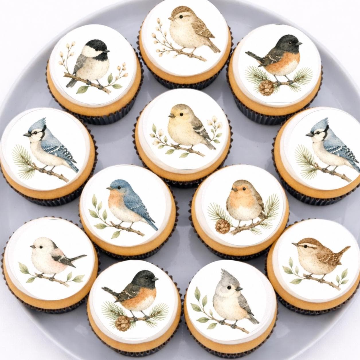 Watercolor Bird (12) Edible Cupcake Toppers | Bluebird Chickadee Robin Wren Songbird Cupcake Decorations | Woodland Baby Shower