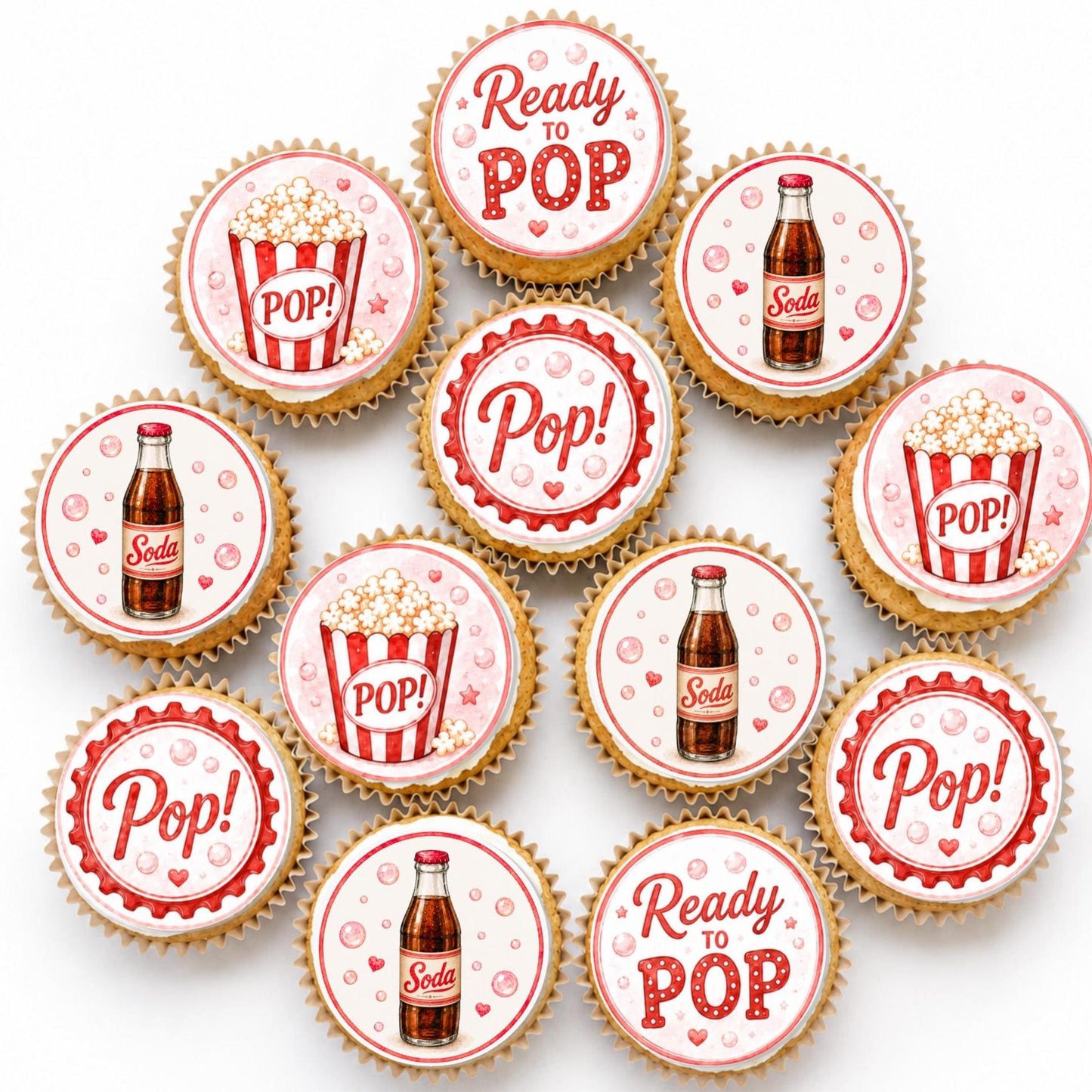Ready to Pop Baby Shower Edible Cupcake Toppers, Soda Popcorn Gender Reveal Party Decor (12pc) Edible Paper Cupcake, Drink, Cookie Toppers