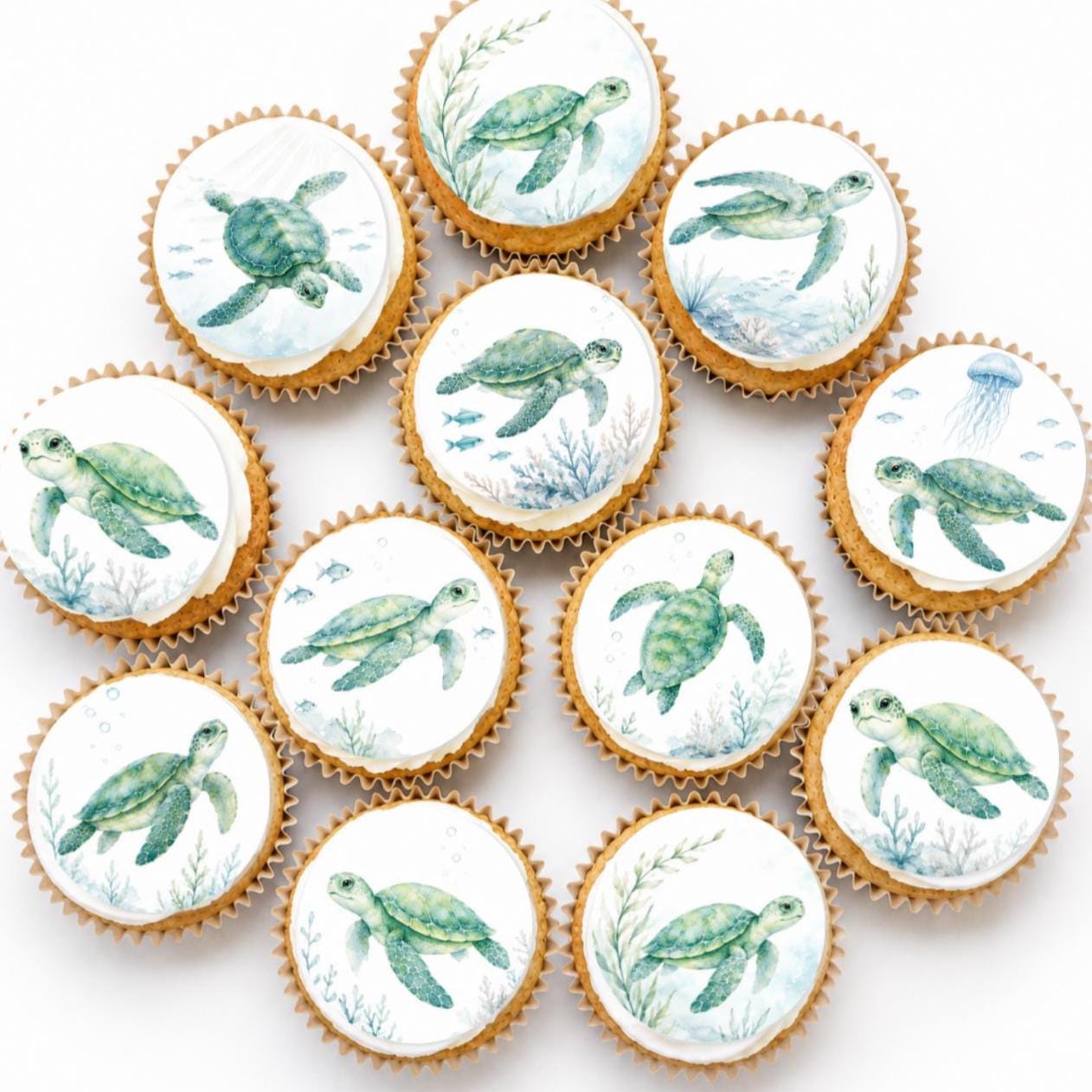 Sea Turtle Edible Paper Cupcake Toppers, 2 Inch Ocean Party Decorations