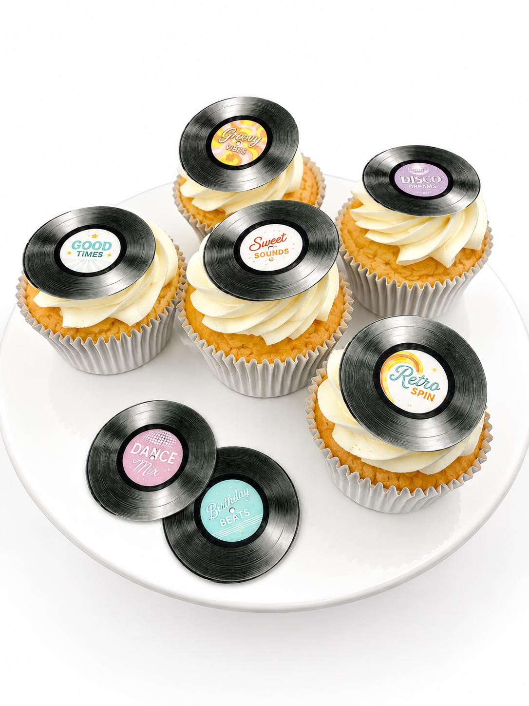 Vinyl Record Cupcake Toppers, Retro Music Birthday Edible Paper Toppers (12pc) Edible Paper Cupcake, Drink, Cookie Toppers