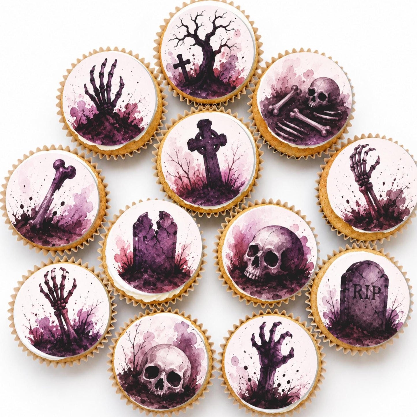 Spooky Graveyard Halloween Edible Paper Toppers, Skull Skeleton Cupcake Decor (12pc) Edible Paper Cupcake, Drink, Cookie Toppers