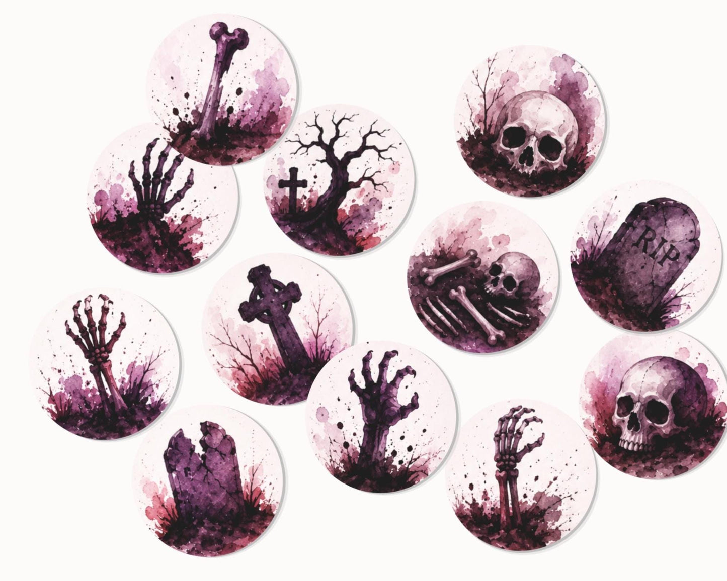 Spooky Graveyard Halloween Edible Paper Toppers, Skull Skeleton Cupcake Decor (12pc) Edible Paper Cupcake, Drink, Cookie Toppers